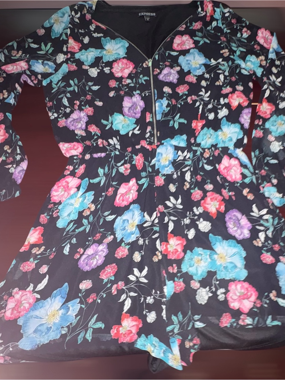 Express Black Floral Long-Sleeve Romper with Zip